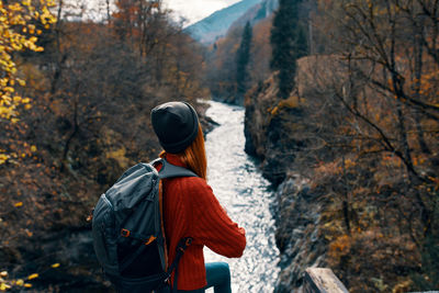 Rear view of man looking at forest