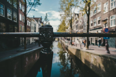 Close-up of water in city against sky