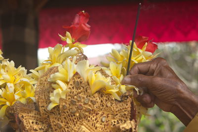 Close-up of hand holding yellow flowers