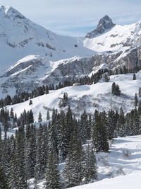 Scenic view of snow covered mountains against sky