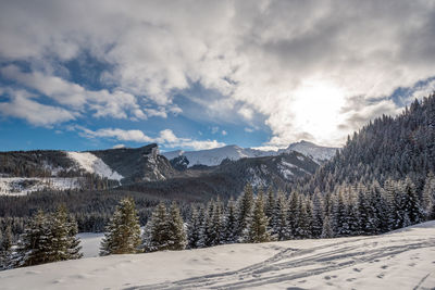 Scenic view of snowcapped mountains against sky