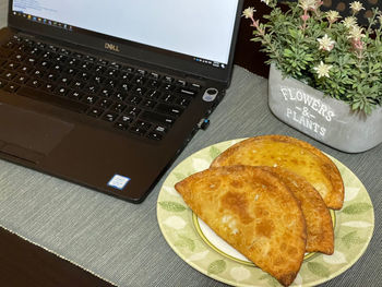 High angle view of breakfast served on table