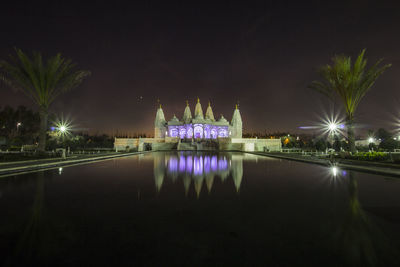 Illuminated building against sky at night houston baps shri swaminarayan mandir