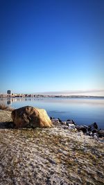 Scenic view of sea against clear blue sky