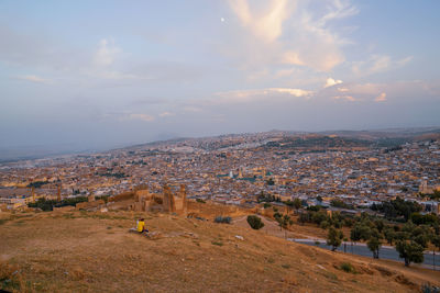 High angle view of cityscape against sky