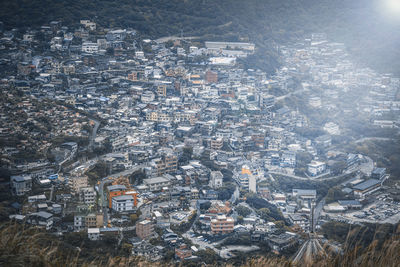 High angle view of city buildings