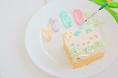 High angle view of cake in plate on table