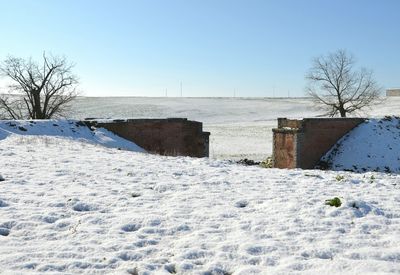 Snow covered landscape against clear sky