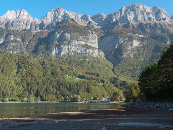 Scenic view of lake by mountains