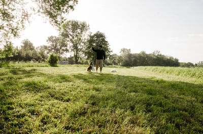 Man with dogs on field against sky