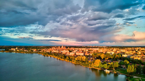 Panoramic view of townscape against sky during sunset