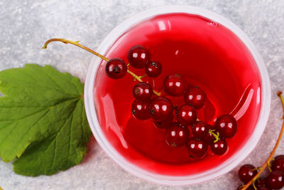 Red currant jelly on a gray stone background view from above over the head summer menu
