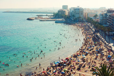 High angle view of crowd on beach