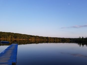 Scenic view of lake against clear blue sky