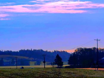 Trees on field against sky during sunset