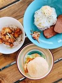 High angle view of breakfast served on table