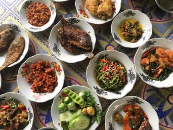 High angle view of food served on table