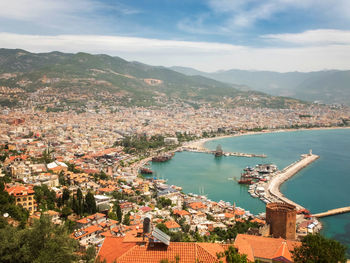 High angle view of townscape by river against sky