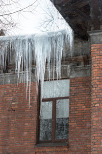 Low angle view of icicles on building wall