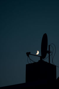 Low angle view of silhouette television antenna against sky at dusk