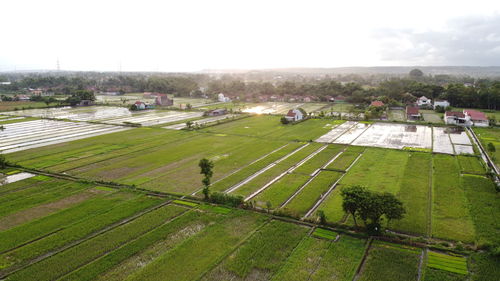 High angle view of agricultural field against sky