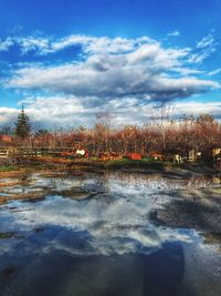 Scenic view of lake against cloudy sky