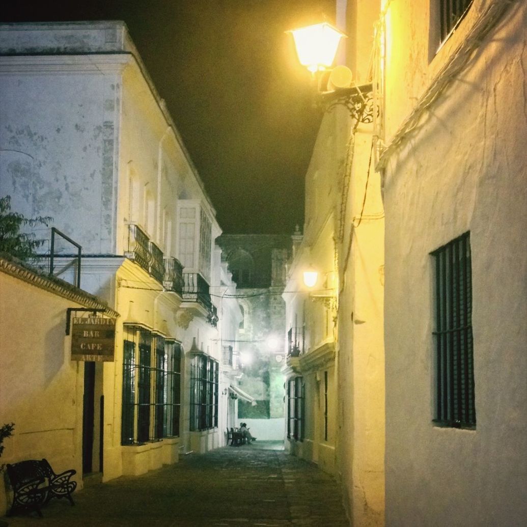 architecture, built structure, building exterior, illuminated, the way forward, building, night, residential building, diminishing perspective, city, lighting equipment, residential structure, street light, street, narrow, vanishing point, no people, empty, house, sky