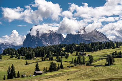 Panoramic view of agricultural field against sky