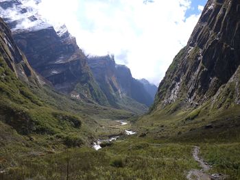 Scenic view of valley and mountains against sky