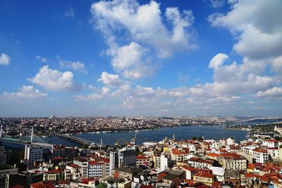 High angle view of townscape by sea against sky