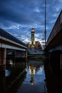 Reflection of clock tower on water