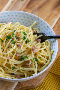 Close-up of noodles in bowl on table