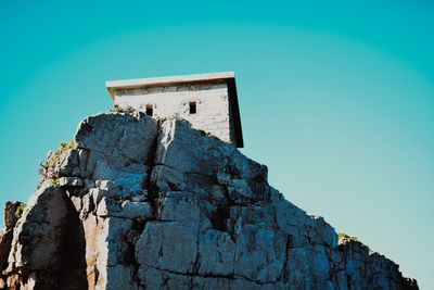 Low angle view of old building against clear blue sky