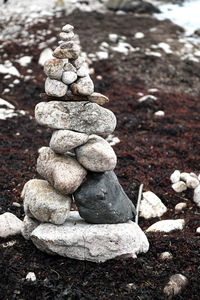 Close-up of stone stack on rock