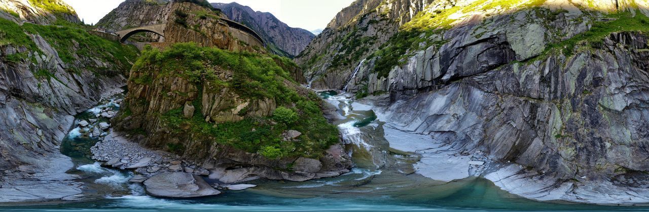 SCENIC VIEW OF WATERFALL ON ROCK FORMATION