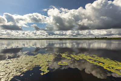 Scenic view of lake against cloudy sky