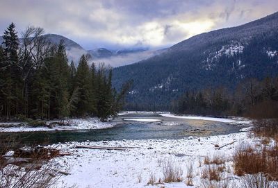 Scenic view of landscape against sky during winter