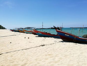 Scenic view of beach against clear blue sky