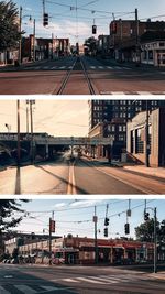 Railroad station platform by city against sky