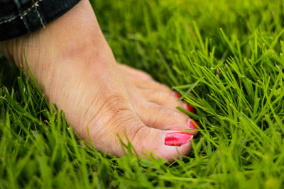 Low section of woman with red painted toenails on field