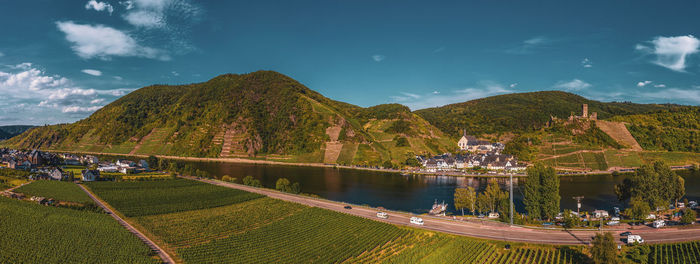 Panoramic view of the moselle vineyards near beilstein, germany. drone photography.