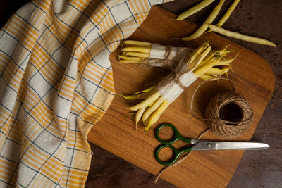 High angle view of objects on table