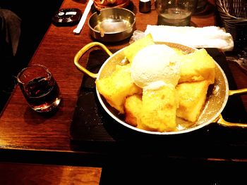 Close-up of served food on table