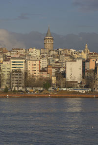 Sea by cityscape against sky