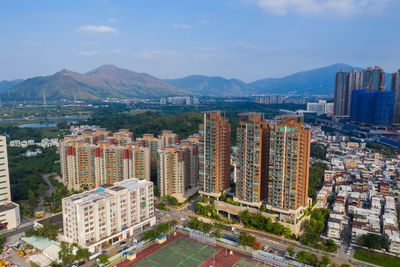 High angle view of buildings in city