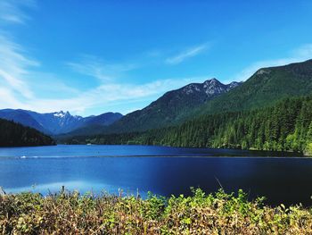 Scenic view of lake and mountains against sky