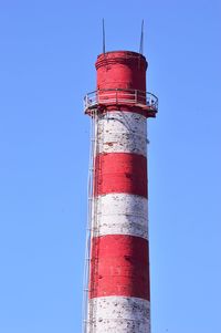 Low angle view of lighthouse against clear blue sky