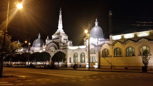 Facade of church at night