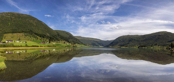 Scenic view of lake and mountains against sky