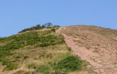 Scenic view of land against clear blue sky